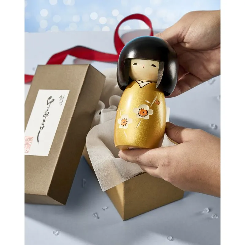 Nishikidori Kaika kokeshi fleurie dorée bois Tohoku
